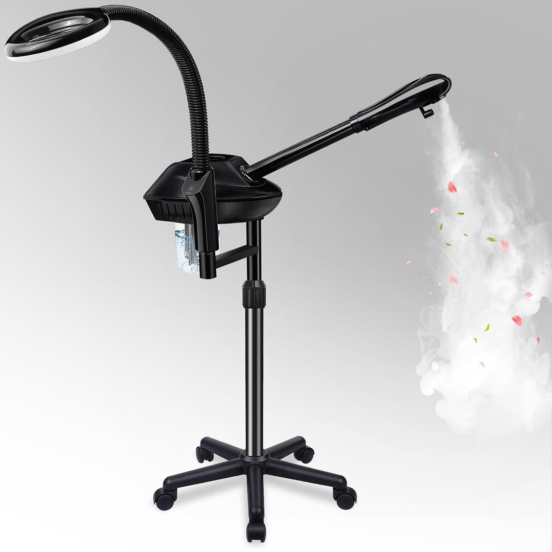 Professional Facial Steamer on Wheels, 2-in-1 Facial Steamers with 5X Magnifying Lamp, Facial Steamer for Facial Deep Cleaning and Hydration, Facial Humidifier for Spa, Salon and at Home Use