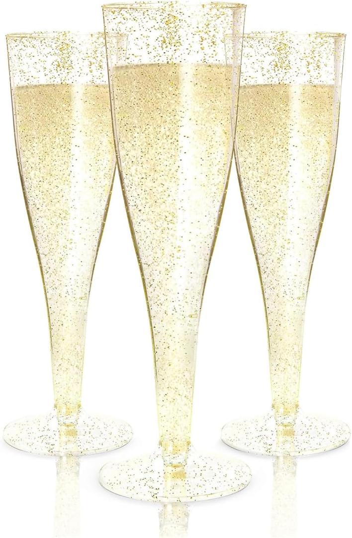 Prestee 100 Gold Plastic Champagne Flutes - 4.5 oz Disposable Champagne Glasses for Toasting at Weddings, Mimosas, Cocktails, Great Gatsby Party Decorations, and Events