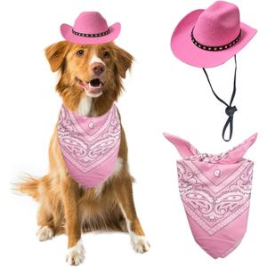 Dog and Cat Cowboy Hat With Bandana Scarf - Mini Pet Costume for Holiday, Halloween, Party Decoration (Pink, Large)