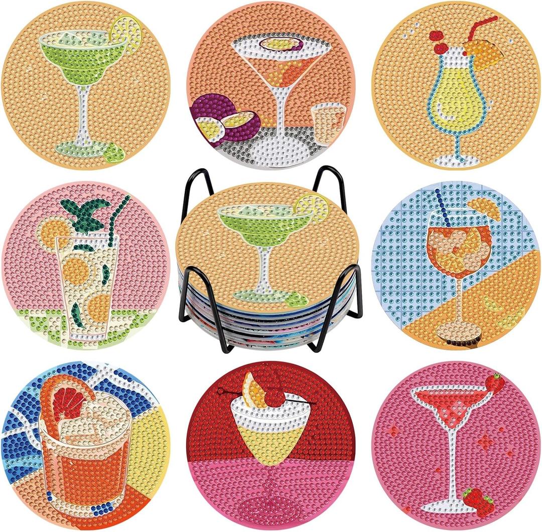 GHHKUD 8 Pcs Cocktail Diamond Art Coasters with Holder Cork Pad, DIY Diamond Painting Dink Coasters Kits for Adults, Table Decoration Gifts for Home