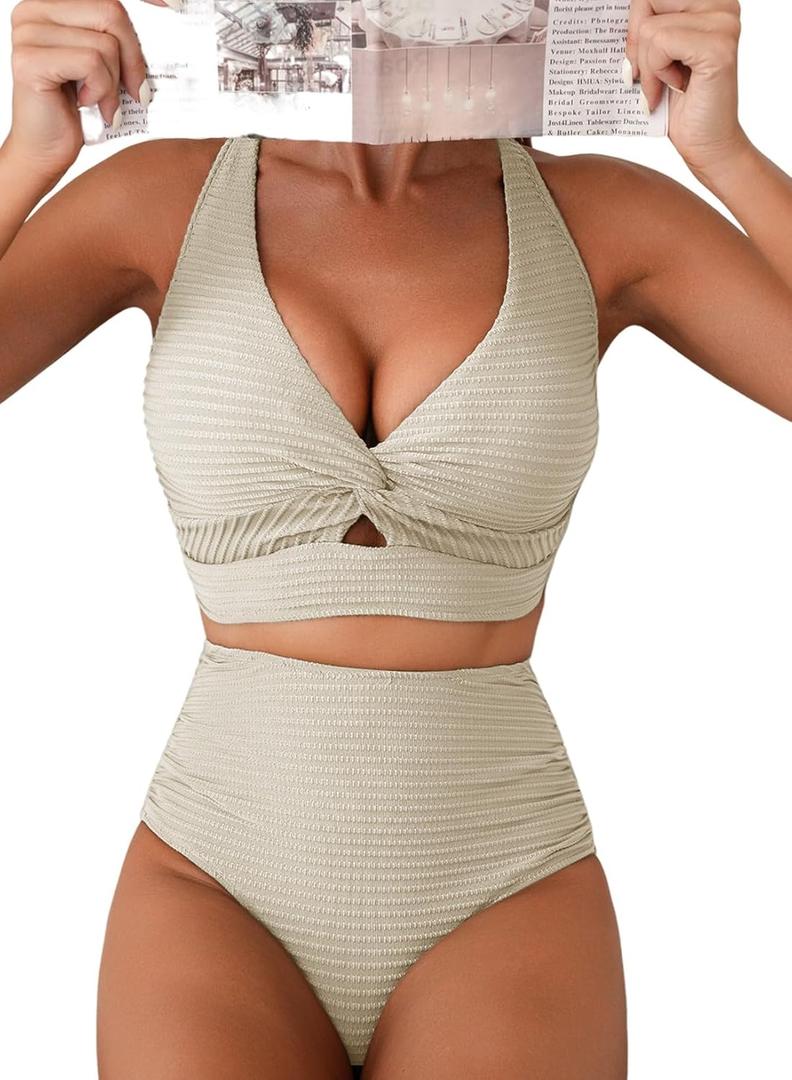 Herseas Women's Textured Bikini Sets Twist Front Top Swimsuits High Waisted Bathing Suits (Beige, L)