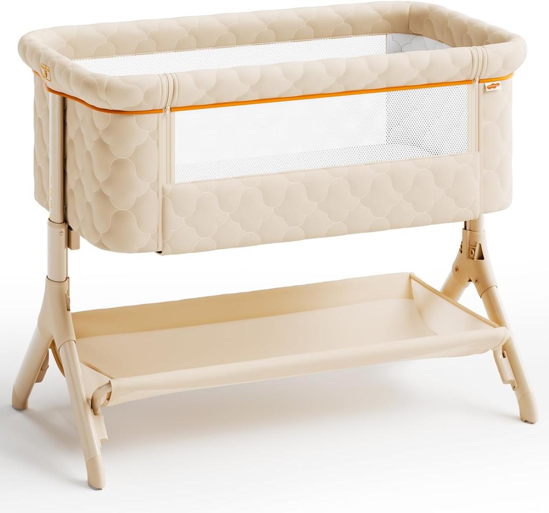 Pamo babe Bedside Bassinet for Baby, 3-in-1 Foldable Travel Bassinet with Wheels, Portable Baby Bassinet Adjustable Height, Storage Bag, Baby Bedside Sleeper Ideal Gift for Newborn Parents (Beige), 37"L x 21"W x 31"H