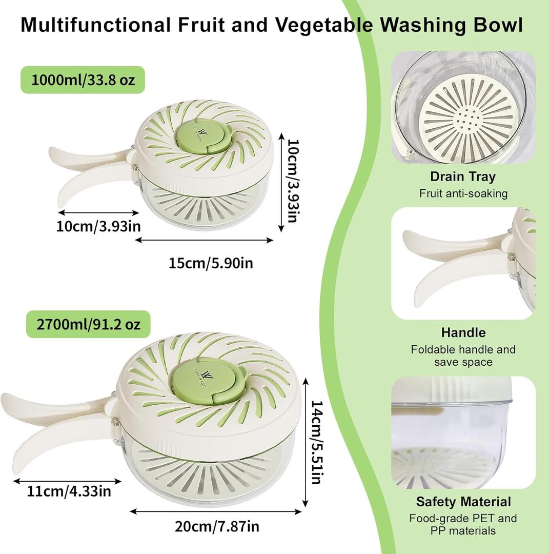 2 Pcs Fruit Cleaner Bowl with Strainer and Lid, Collapsible Handle Washing Bowl, Multifunctional strainer bowl for Kitchen Draining and Storage, Wash Berry, Vegetables for Kitchen, Fridge, Picnic
