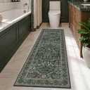 Dark Green 2x6 Washable Runner Rug Non Slip - Bathroom Kitchen Runner 6ft - Floral Soft Thin Rug Non Skid for Bath Entryway Hallway, Vintage Low Pile Stain Resistant Floor Carpet