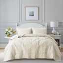 Ivory Damask Quilt Twin Size Bedding Sets with 1 Pillow Sham, Cream Boho Bedspread Lightweight Soft Farmhouse Vintage Bohemian Coverlet Retro Jacquard Pattern Bed Cover for All Season, 2 Pieces