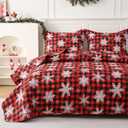 JSD Christmas Quilt Set King Size, Red Buffalo Plaid Snowflakes Bedspreads, 3 Piece Microfiber Coverlet Quilted Blanket with Pillow Shams