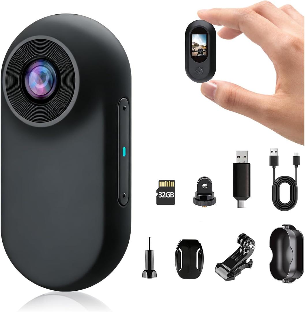 Mini Body Camera 1080P, Thumb Action Cam with Built in 32GB Memory Card, Helmet Sports Camera, Body Cam for Work, Cycling, Sports(Black)