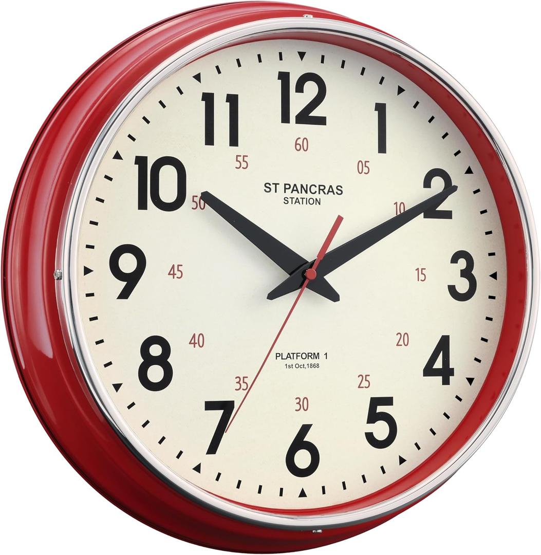 Wall Clock Metal 12.4" Countryside Style Wall Clocks Retro Vintage Classical Silent Non Ticking Easy to Read for Living Room/Kitchen/Bedroom/Office/Bar( Red)