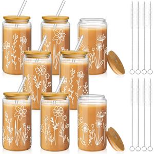 Mumufy 8 Pack Bridesmaid Glass Tumbler Gifts Boho Floral 16oz Iced Coffee Cups with Bamboo Lids and Straws Elegant Bridal Party Proposal and Wedding Shower Gifts