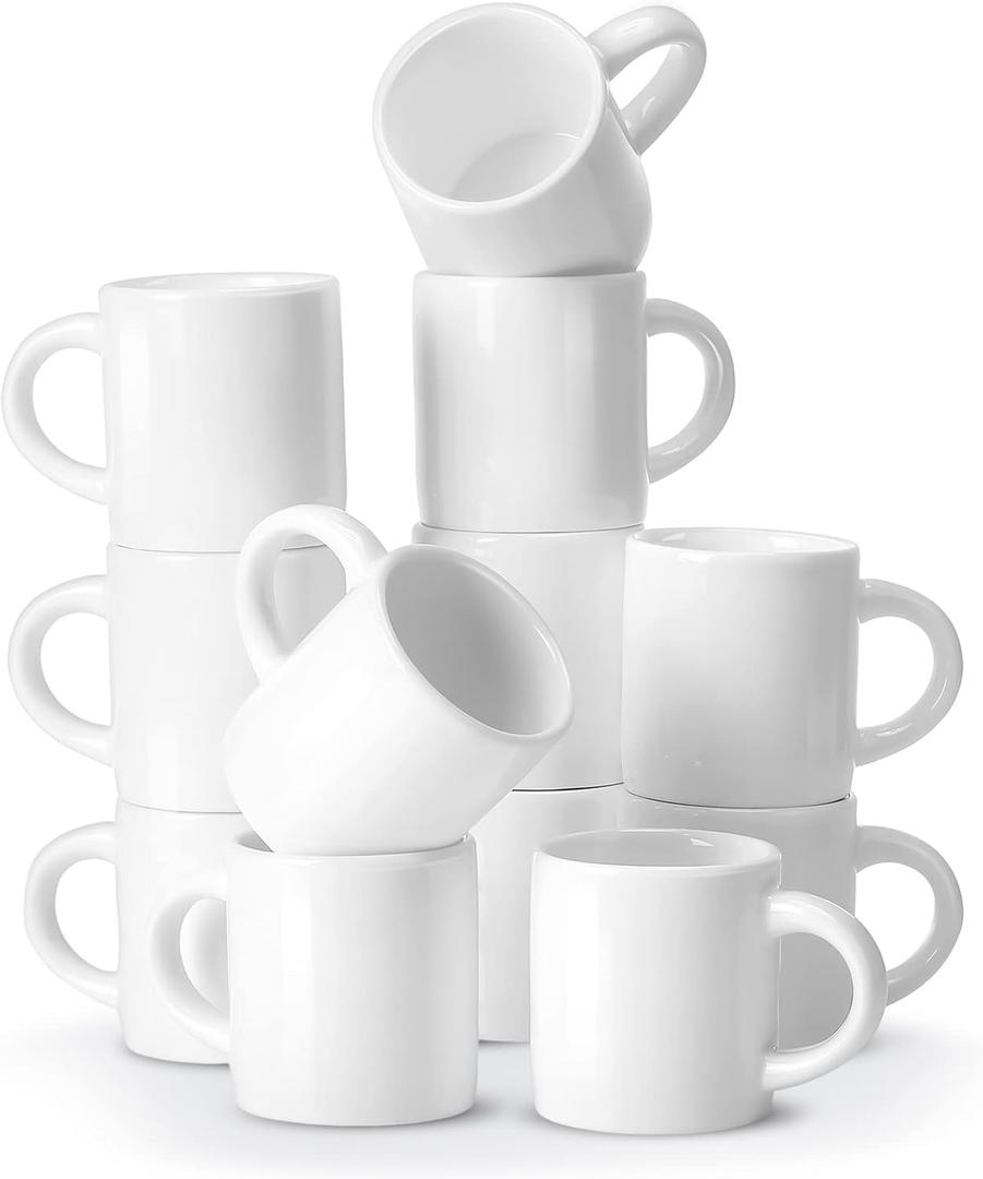 Roshtia 12 Pieces 3 oz Espresso Mugs Espresso Cups Mini Coffee Mugs with Handles Porcelain Coffee Cups Ceramic Smooth Demitasse for Tea Drinks Cocoa Milk Water (White)