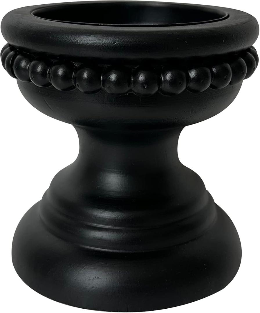 dwellington Farmhouse Rustic Wood Pillar Candle Holder, Decorative Beaded Candlestick Holder Stand for Home Dcor, Gifts, Wedding (Black)