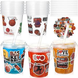 Funnymoom 12 Sets 34 oz Basketball Plastic Drink Buckets with Lid and Straws with Basketball Stickers Clear Drink Cup Disposable Cocktail Rum Buckets Reusable for Sport Party Favors Prize
