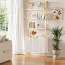 INNOD 74" Tall Bookshelf with Storage Cabinet, Modern Ladder Shelf with Wood and Metal Frame, Wall Mount Bookcase Open Display Shelf Furniture for Living Room, Bedroom, Home Office, Gold, 23.6 inches x 14 inches x 74 inches