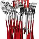 24 Pieces Flatware Set, Caliamary Stainless Steel Flatware Set with Silverware Holder Spoons Forks Knives,Utensils Set Service for 6,Gold Mirror Polished and Matte Pink Painted (Red Silver)