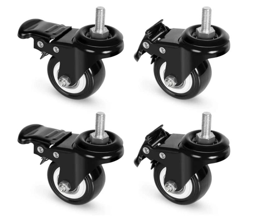8T8 2 Inch Caster Wheels with Brake, PU Casters Set of 4, Heavy Duty, 3/8”-16x1-1/2”(Screw Diameter 3/8", Length 1.5") Threaded Stem Swivel Casters, Mount Industrial Castors