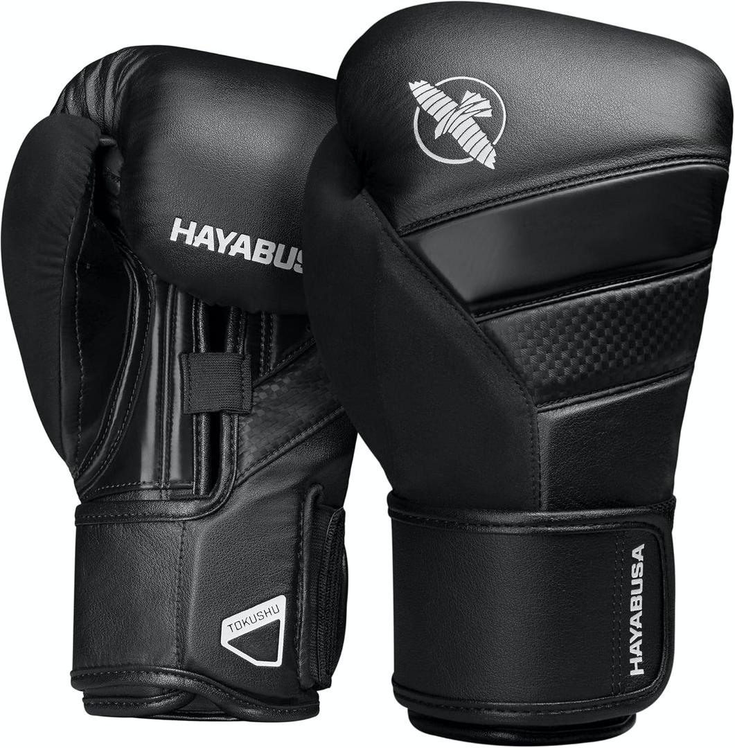 Hayabusa T3 Boxing Gloves for Men and Women Wrist and Knuckle Protection, Dual-X Hook and Loop Closure, Splinted Wrist Support, 5 Layer Foam Knuckle Padding (18oz, Black)