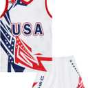 Kids USA Basketball Jersey Set Boys American Flag Athletic Shirts Sleeveless Tank Top and Track Shorts (Medium, Red)