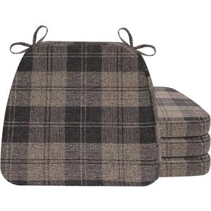 AAAAAcessories D-Shaped Chair Cushions, 2" Thick Dining Chair Pads with Ties and Removable, Machine-Washable Cover, 17" x 16", Set of 4, Brown Checkered