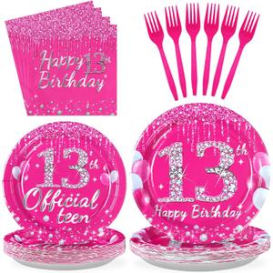 96 Pcs 13th Birthday Party Supplies Disposable Hot Pink 13 Years Old Birthday Plates and Napkins Tableware Set 13th Birthday Decorations for Girls Official Teen Happy 13th Birthday Party Serves 24
