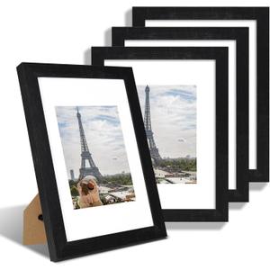 9x12 Picture Frame Set of 4, Made of Glass and Rustic Black Wooden Frame - Display Picture 6x8 with Mat or 9 x 12 Without Mat, 9 by 12 Photo for Wall or Tabletop