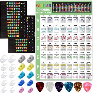 20 Pcs Guitar Fingertip Protectors Guitar Finger Guards Protection Guitar Silicone Covers Caps for Guitar Bass Ukulele with 2 Pcs Guitar Fretboard Stickers and Guitar Chord Chart