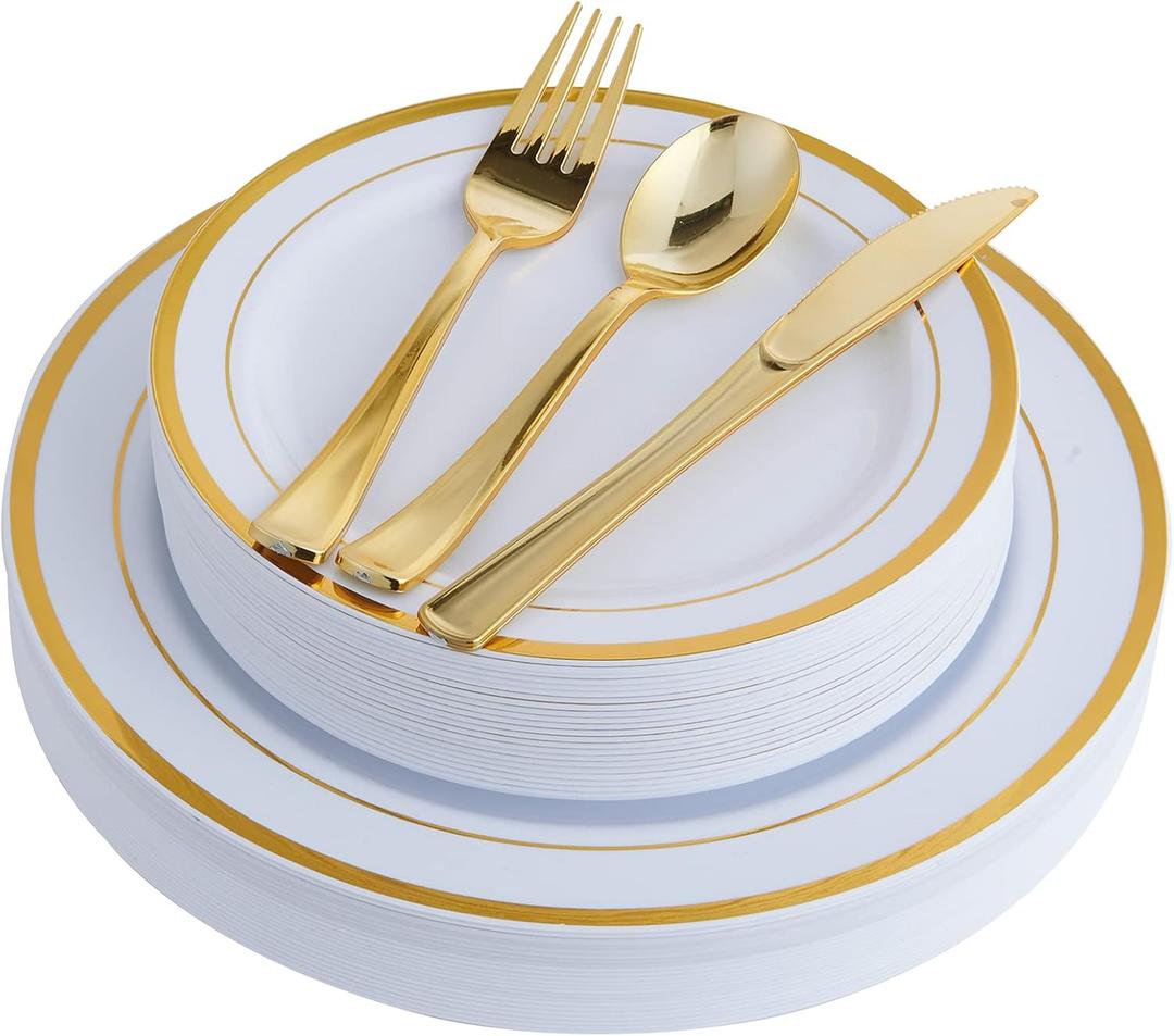 125 Count Gold Plastic Plates Include 25 Dinner Plates 25 Disposable Dessert & Gold Disposable Silverware, Plastic Dinnerware Set Providing for 25 Guests Suitable for Party Wedding (White)