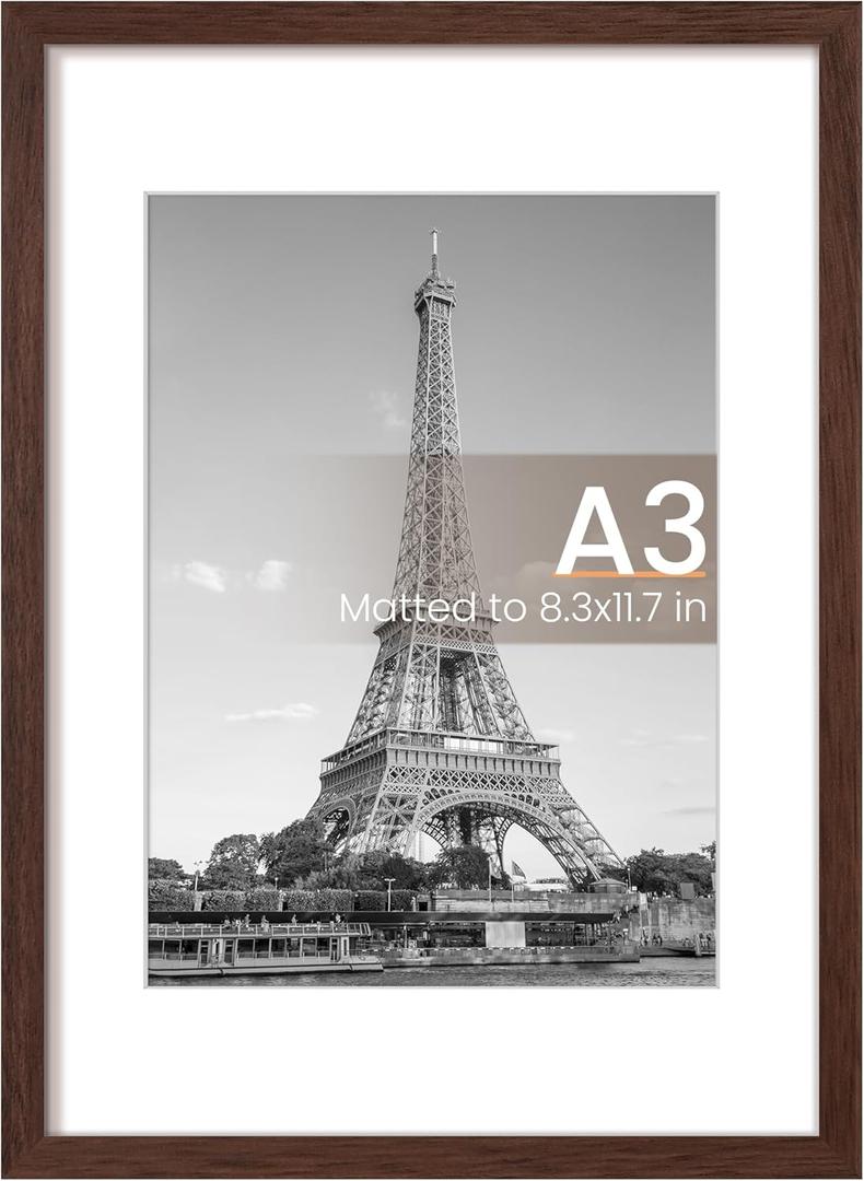 upsimples A3 Picture Frame, Display Pictures 8.3x11.7 with Mat or 11.7 x 16.5 Without, Wall Hanging Poster Frames, Brown, 1 Pack