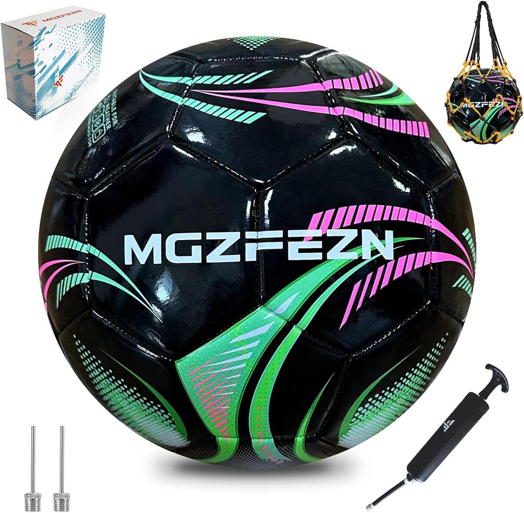 Youth Soccer Ball Size 3/4/5, Kids Outdoor Play Game Training Practice Soccer Ball for Teen Boy Girl Indoor Outdoor with 1 Pump 1 Net Bag and 1 Gift Box (Black)