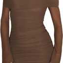 Women Elegant One Shoulder Sheer Mesh Long Sleeve Ruched Mini Dress See Through Club Party Cocktail Bodycon Mini Dresses Coffee XL