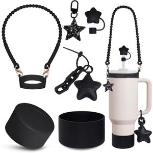 Stanley Cup Accessories Set 30&40 Oz, Includes 0.4in Straw Covers, Water Bottle Handle Strap, Cute Stanley Charms and Silicone Boot. (Black star)