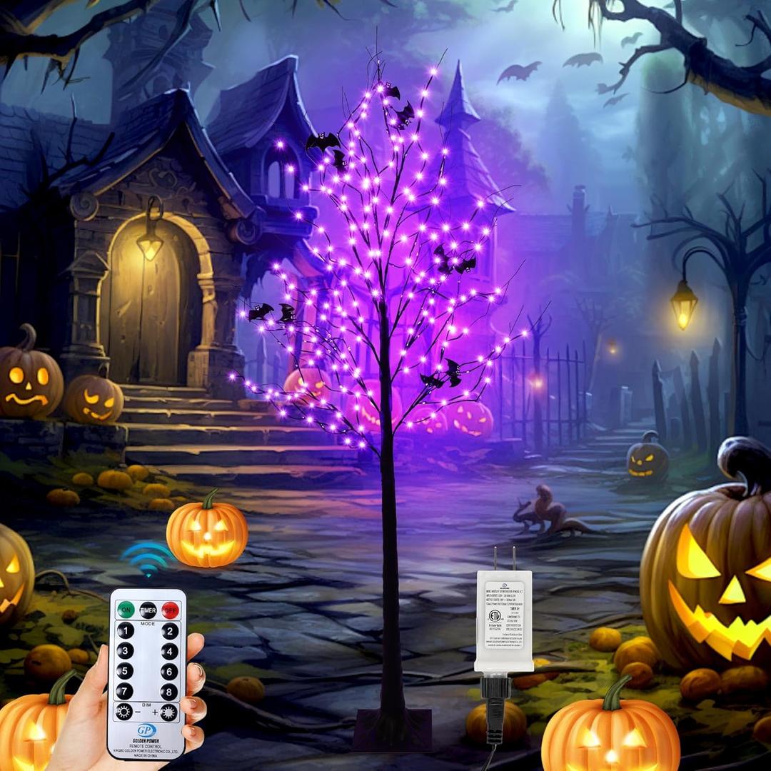 Halloween Lighted Tree with 260 LED Lights, 6FT Black Halloween Tree with Timer, 8 Modes, Dimmable, Spider Web & Bats DIY, Indoor Outdoor Halloween Decorations