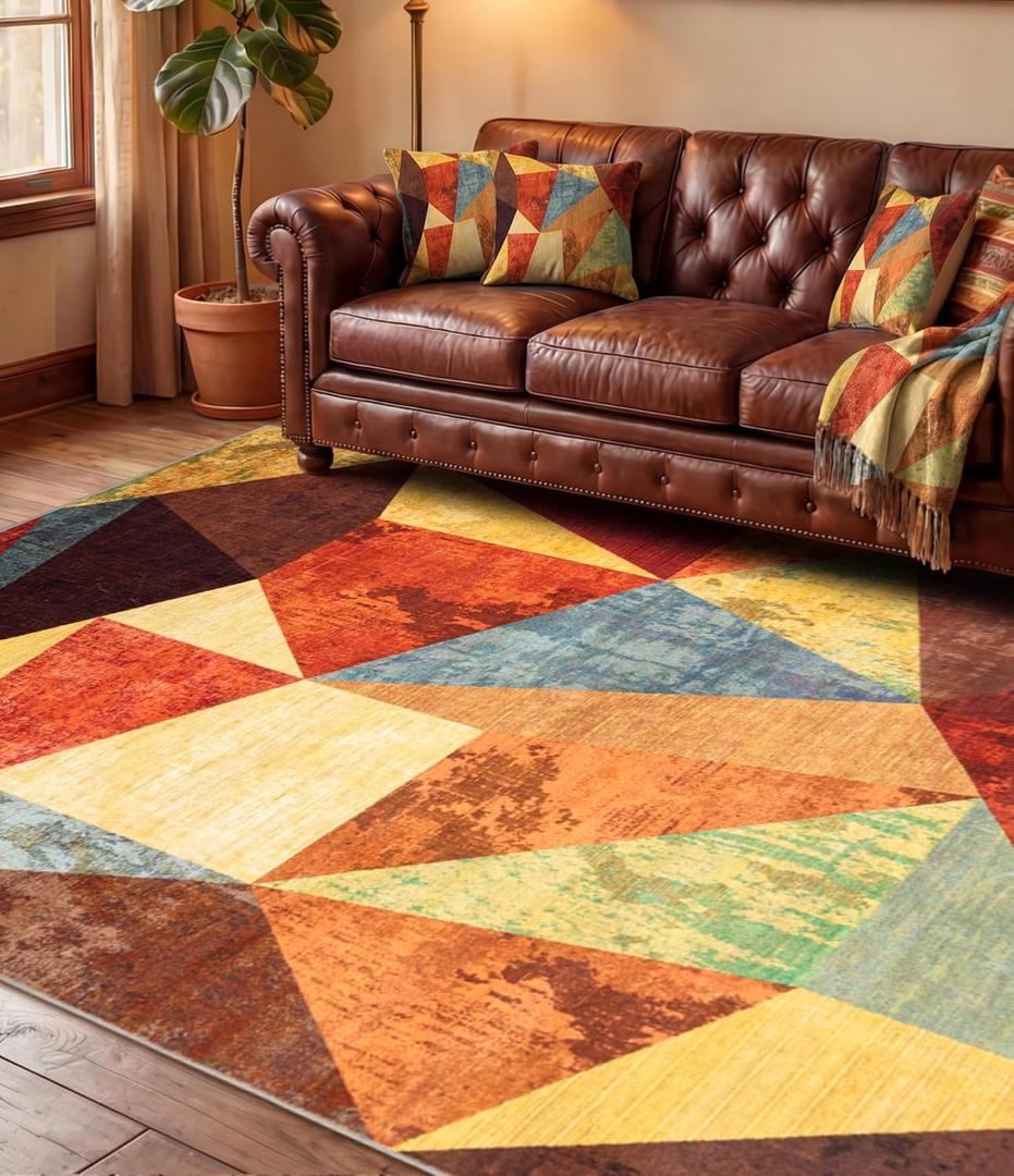 YIHOUSE Brown Area Rug 5x7,Geometric Burnt Orange Area Rug Non Slip,Farmhouse Rugs Washable,Vintage Burgundy Carpets for Bedroom, Boho Rug for Kitchen,Dining Room
