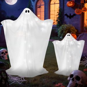 2 Pack Halloween Ghosts Outdoor Large 60'' & 36'' White Outdoor Ghost Decorations with String Lights Scary Ghosts Halloween Decorations Light Up Ghost Kit for Garden Porch Yard Party (White)