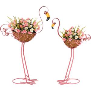 Set of 2 Pink Flamingo Outdoor Planters with Basket, Metal Flamingo Planter for Indoor Outdoor Garden Yard Decor (Flamingo-Planter)