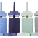 Elk and Friends Kids + Toddler Glass Cups | The Original 12oz Glass Mason Jar with Sleeves + Lids | Silicone Straws + Stopper | Smoothie Cup | Food Storage | Spill Resistant | Dishwasher Safe | 4 Pack