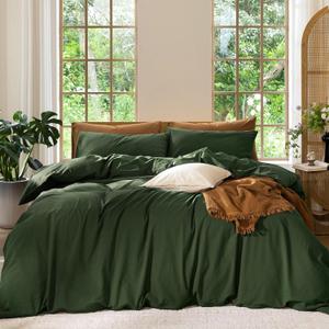 MooMee Bedding Duvet Cover Set 100% Washed Cotton Linen Like Textured Breathable Durable Soft Comfy (Solid Forest Green, King 104"x90")