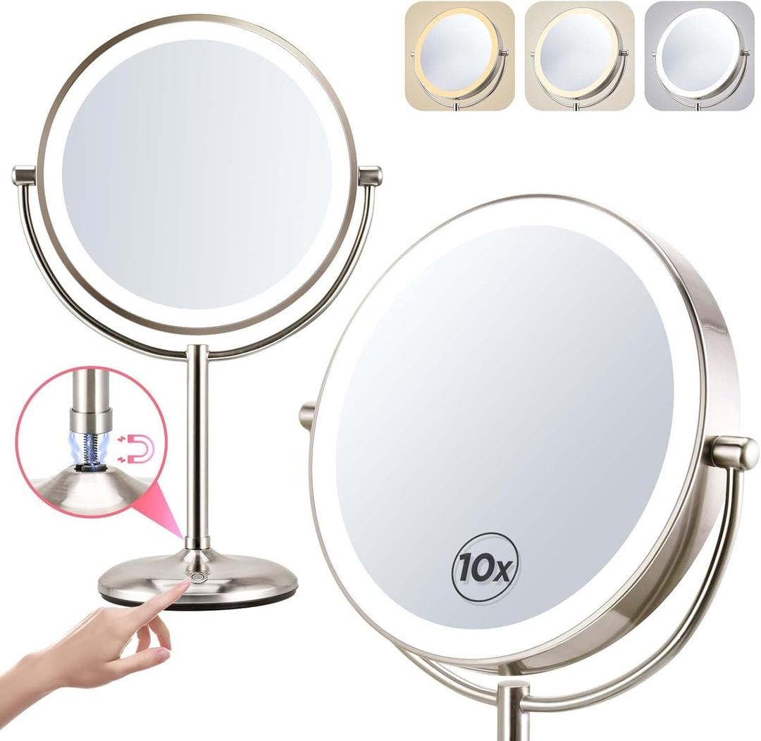 9 Inch Dual-Sided Magnifying Mirror with Lights - 1X/10X Brushed Nickel Makeup Mirror, Touch Control LED Vanity Mirror with Stand, Natural Light Tabletop Cosmetic Mirror for Bathroom 9 Inch Dual-Sided Magnifying Mirror with Lights - 1X/10X Brushed Nickel Makeup Mirror, Touch Control LED Vanity Mirror with Stand, Natural Light Tabletop Cosmetic Mirror for Bathroom