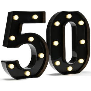 Pooqla Decorative Led Light Up Number Letters, Black Plastic Marquee Number Lights Sign for 50th Birthday Party Wedding Decor Battery Operated Black Decoration 50 (8.86 in)