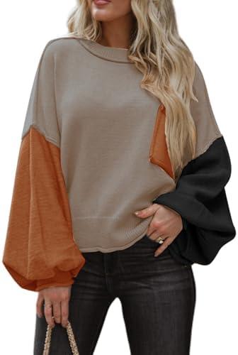 Dokotoo Women's Sweater 2025 Fall Winter Long Sleeve Casual Tops Ribbed Hem Knitwear Lantern Pullover Sweater, Medium