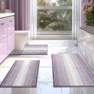 BSICPRO Bathroom Rugs Sets 3 Piece, Toilet Rugs U-Shaped Contour Bath Mat Set, Striped Absorbent Non Slip Chenille Shower Mat, Lavender Purple