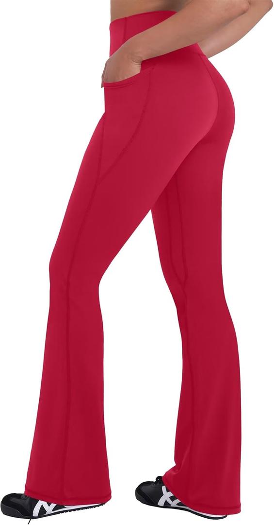 Sunzel Sunzfly Women's Mini Flare Leggings with Pockets High Waisted Tummy Control Yoga Pants Bootcut Workout Gym Casual (Red, M)