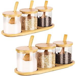 Condiment Containers with lids 6 pack Seasoning Box Condiment Pots Jars with Spoons Container for Spice Salt Sugar Cruet (bamboo 2set)