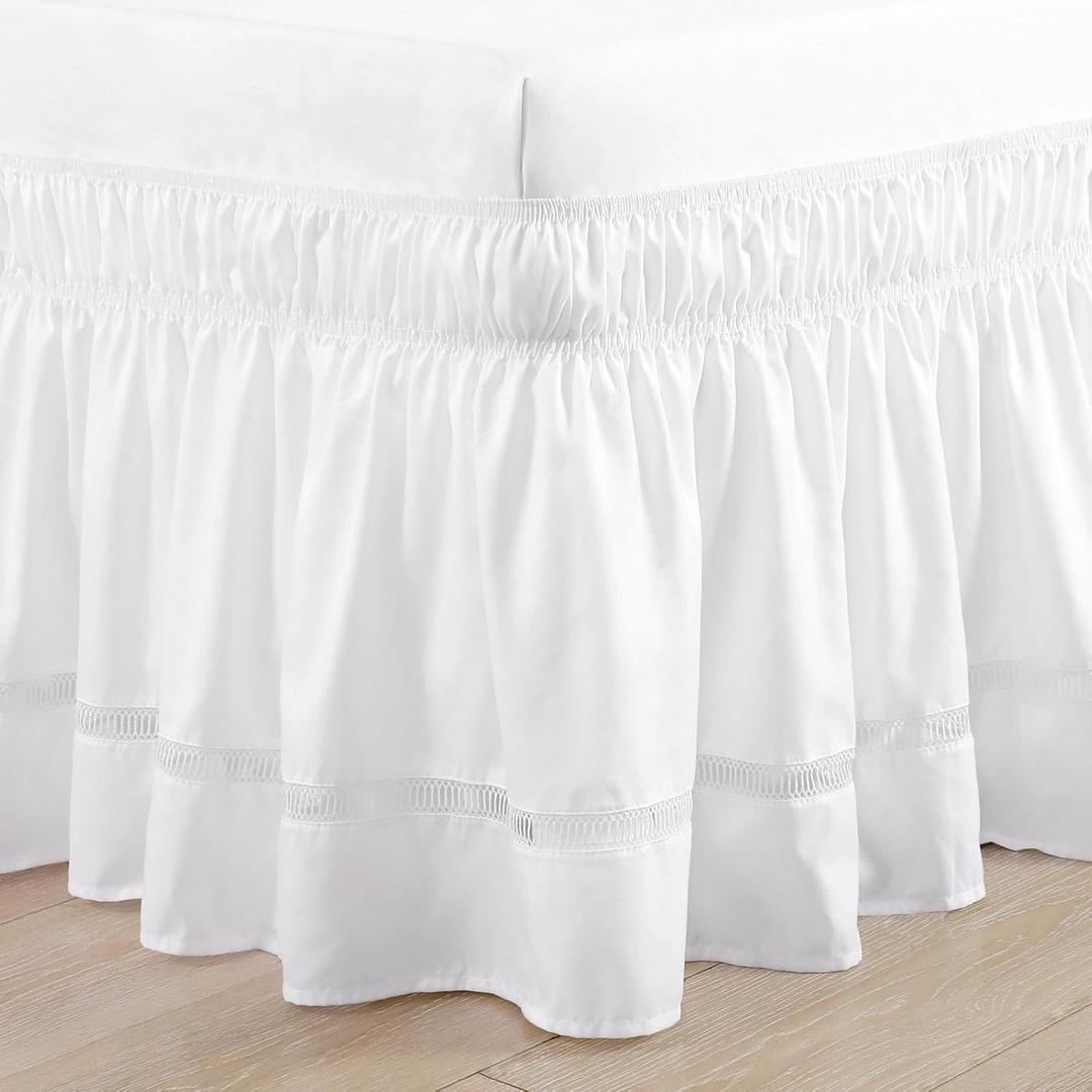RIMELA White Bed Skirt Twin Size 18 Inch Drop, Elastic Bed Skirting for Bed Base and Frame, Bedding Dust Ruffle Easy to Install, Lightweight Wrap Around Adjustable Bedskirt
