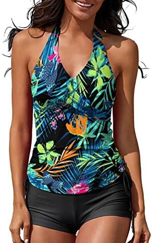 MISSVOG Women Two Piece Tankini Halter Padded Adjustable Drawstring Swimsuit with Boyshorts M