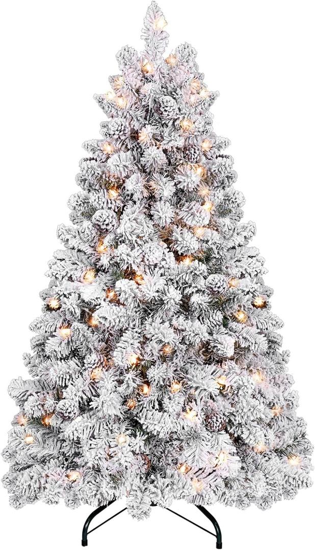4 ft Prelit Flocked Christmas Tree with Pine Cones & 150 UL Lights, Snow Frosted Artificial Christmas Tree with Auto Hinged Stand for Holiday Decor