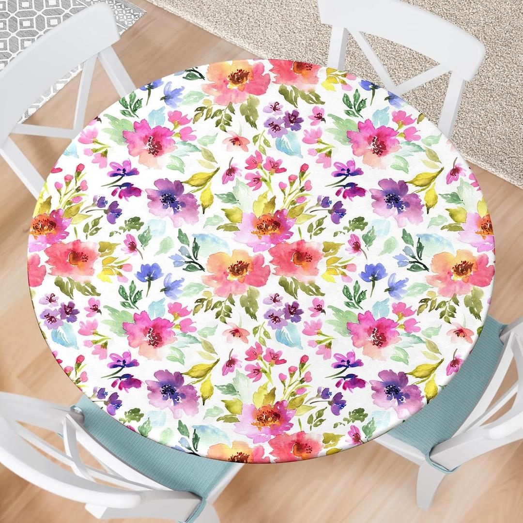 Spring Summer Round Fitted Tablecloth with Elastic Edge Watercolor Flower Outdoor Tablecloth Reusable Table Cover for Indoor Home Kitchen DecorFits 36-40" Diameter Round Tables