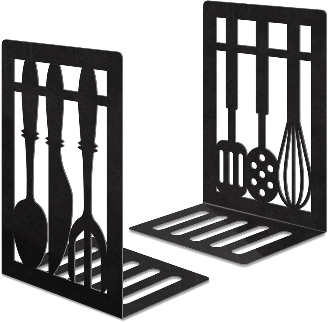 Book Ends, Metal Bookend, Bookend Decorative Heavy Book Ends for Shelves, Home Decorative Bookends for Heavy Books, Non-Skid Black Book Holder for Kitchen Housewarming Cooking Lover Gifts