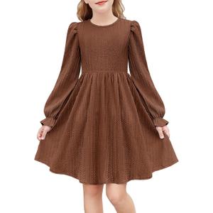 Arshiner Girls Knit Dresses Puff Long Sleeve Fall Winter Casual Holiday Sweater Dress with Pockets (Brown, S)
