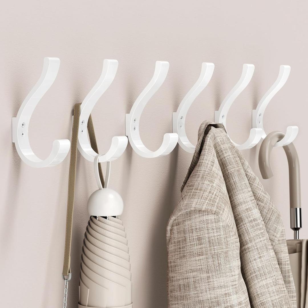 Wall Hooks for Hanging Coat/Backpack - 5.4'' Large 40LBS Heavy Duty Hanger Wall Mount Screw in, for Towel, Closet, Robe, Bag, Outdoor, White 6 Pack