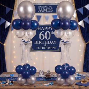Hollowfly 2 Sets Retirement Party Decorations Navy Blue and Silver Balloon Stands Happy Retirement Table Decorations Balloon Stand Decor for Men's 50/60th Birthday Anniversary Party Decor Supplies